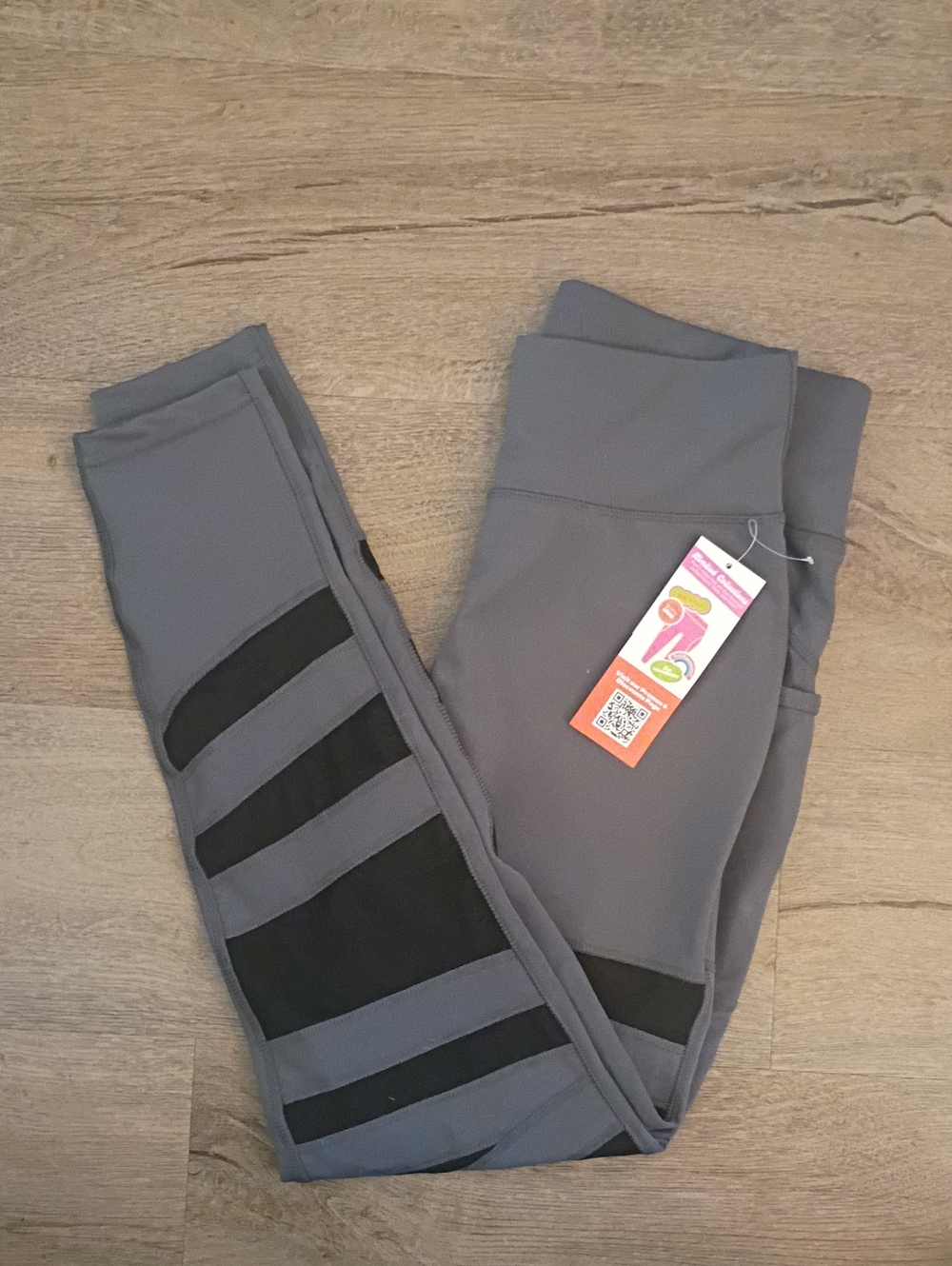 Grey Active Leggings with Black Mesh Panels